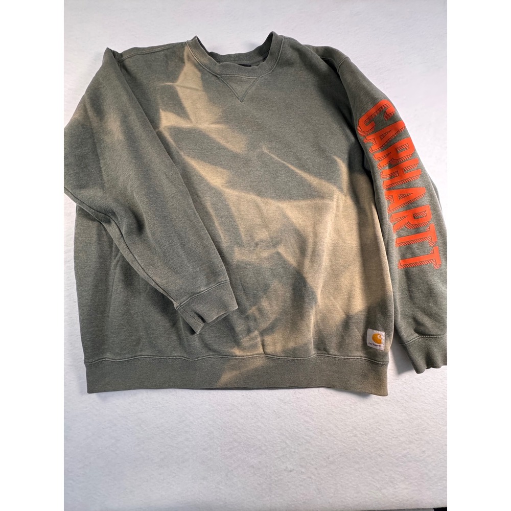 Carhartt Mens XL Loose Fit Bleach Wash Sleeve Logo Sweatshirt Gray Green Orange